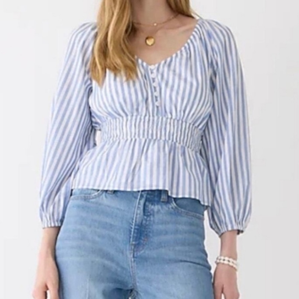 J. Crew Blue and White Striped V-Neck Smocked-Waist Top